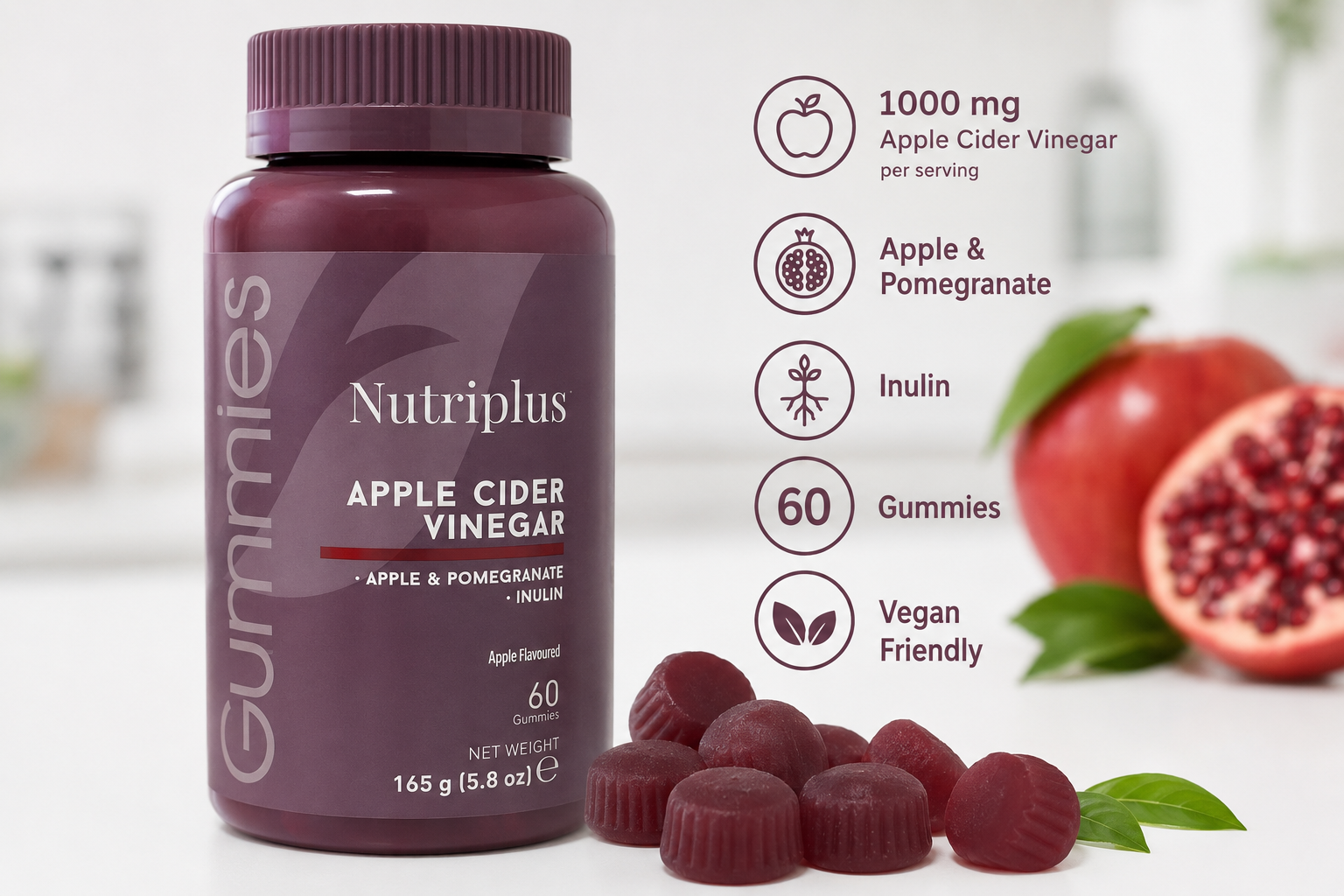 Nutriplus Apple Cider Vinegar Gummies 60 Count | Apple & Pomegranate Gummies
